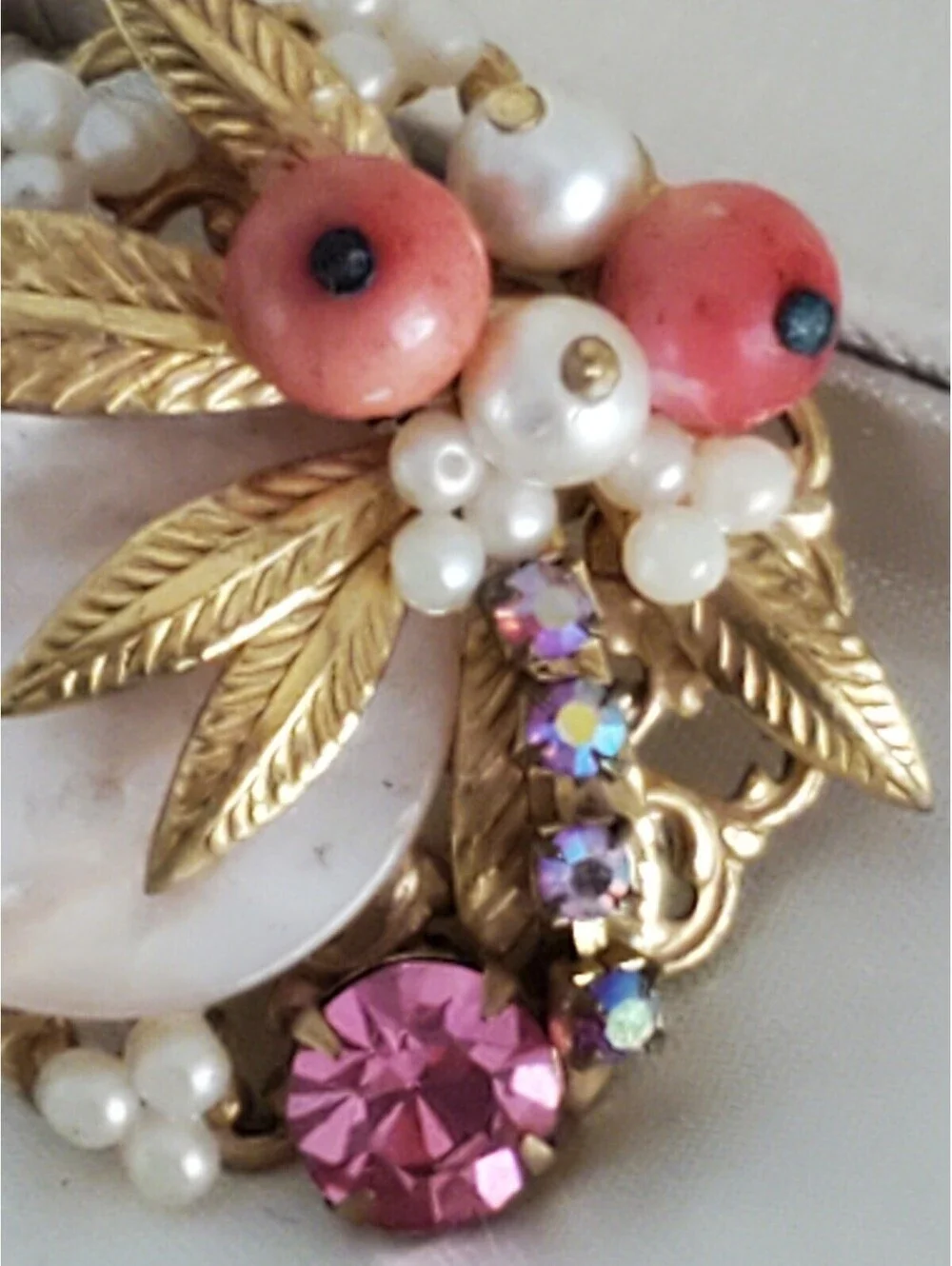 Vintage Filigree Pink and White Bead & Gold-Tone Leaf Brooch